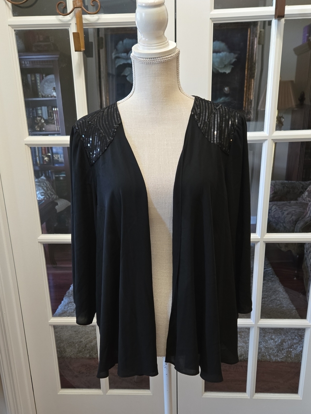 Grace Karin Black Formal Jacket Sequin Shoulders 3/4 Sleeve Open Front Sz 16 NEW